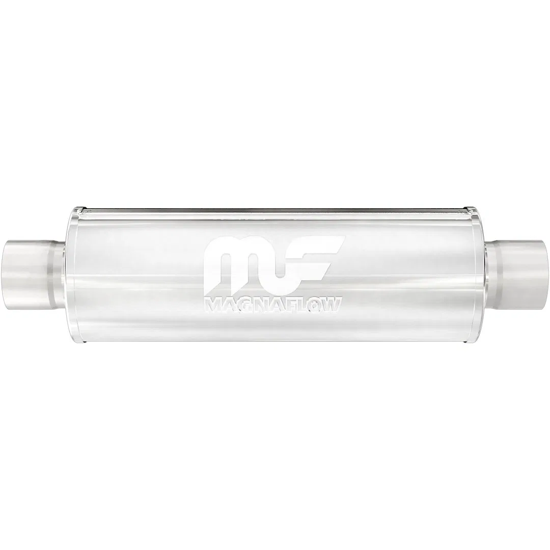 12773 – MAGNAFLOW Exhaust Muffler, 7 Inch Diameter Round Stainless Steel Case Single 4 Inch Center Inlet Single 4 Inc...